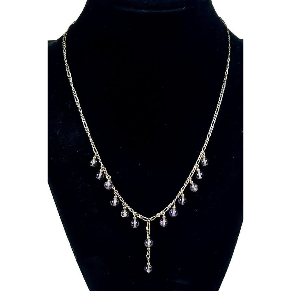925 Sterling Silver Amethyst Drop Dangle Accent Beads Necklace 16 Inches 30$